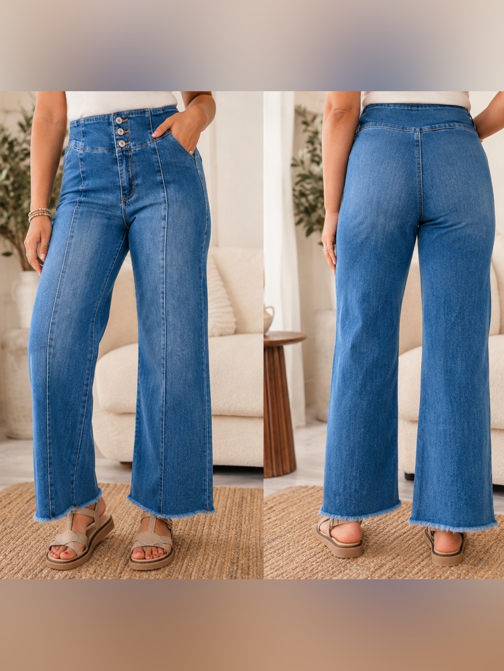 High Rise Medium Wash Wide Leg Cropped Jeans Size 14 Raw Hem